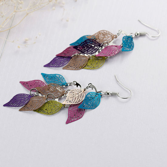 Image de Boucles d'Oreilles Crochets Estampe en Filigrane en Laiton Feuille Email Multicolore 81mm, Epaisseur de Fil: (21 gauge), 1 Paire