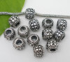 Picture of 20 PCs Zinc Based Alloy European Style Large Hole Charm Beads Antique Silver Color Round Carved Pattern 10mm x 8mm, Hole: Approx 6mm