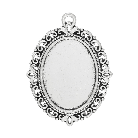 Image de 10 Pcs Pendentifs Supports à Cabochons en Alliage de Zinc Ovale Argent Vieilli (Convenable à 25mmx18mm) 39mm x 29mm