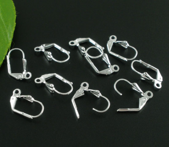 Picture of 50 PCs Brass Lever Back Clips Earrings Silver Plated With Loop 17mm x 10mm
