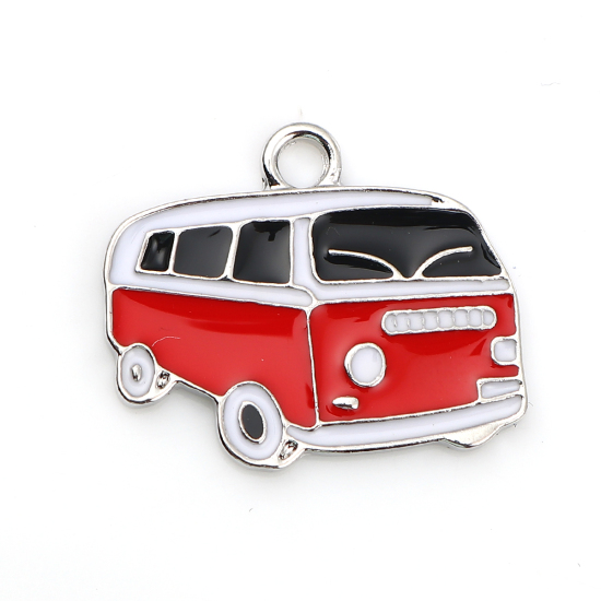 Picture of Zinc Based Alloy Charms Car Bus Silver Tone Black & Red Enamel 24mm(1") x 20mm( 6/8"), 10 PCs
