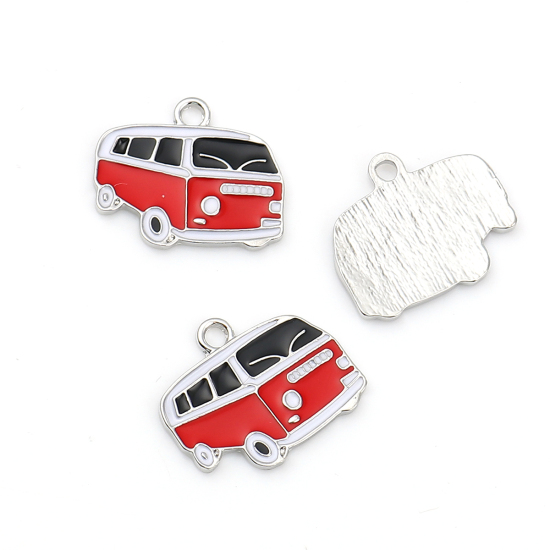 Picture of Zinc Based Alloy Charms Car Bus Silver Tone Black & Red Enamel 24mm(1") x 20mm( 6/8"), 10 PCs