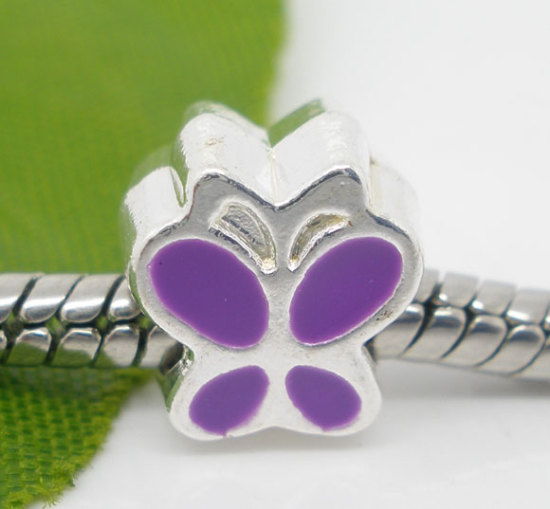 Image de Perles à Gros Trou au Style Européen en Alliage de Zinc Papillon Argenté Papillons Violet Email Env. 10mm x 9mm, Tailles de Trous: 4.5mm, 10 Pcs