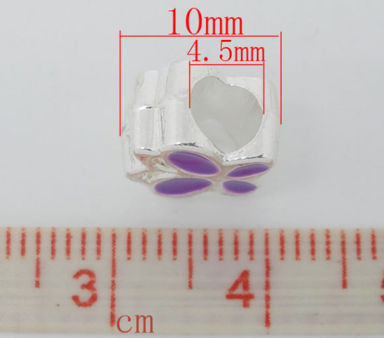 Image de Perles à Gros Trou au Style Européen en Alliage de Zinc Papillon Argenté Papillons Violet Email Env. 10mm x 9mm, Tailles de Trous: 4.5mm, 10 Pcs