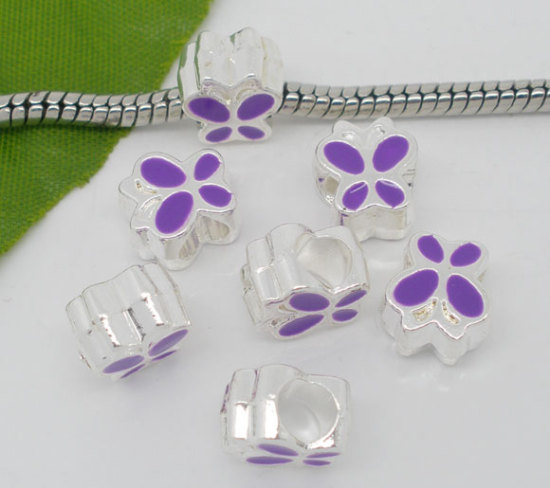 Image de Perles à Gros Trou au Style Européen en Alliage de Zinc Papillon Argenté Papillons Violet Email Env. 10mm x 9mm, Tailles de Trous: 4.5mm, 10 Pcs