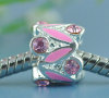 Picture of Zinc Metal Alloy European Style Large Hole Charm Beads Cylinder Silver Plated Leaf Pattern Pink Enamel Pink rhinestone 11x9mm, 10 PCs