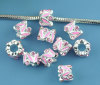 Picture of Zinc Metal Alloy European Style Large Hole Charm Beads Cylinder Silver Plated Leaf Pattern Pink Enamel Pink rhinestone 11x9mm, 10 PCs