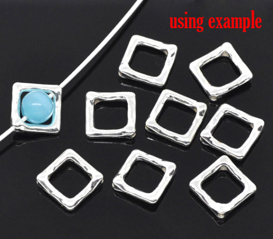 Image de Cadres de Perles en Alliage de Zinc Forme Carré, Argenté, (Perle Convenable: 8mm) 12mm x 12mm, 50 Pcs