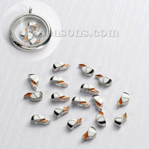 Picture of Zinc Based Alloy Floating Charms For Glass Locket Baseball Cap Silver Tone Christmas Snowflake Pattern Orange & White Enamel 9mm( 3/8") x 5mm( 2/8"), 5 PCs