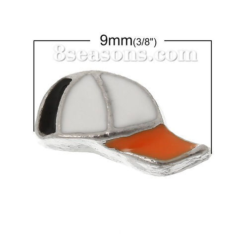 Picture of Zinc Based Alloy Floating Charms For Glass Locket Baseball Cap Silver Tone Christmas Snowflake Pattern Orange & White Enamel 9mm( 3/8") x 5mm( 2/8"), 5 PCs