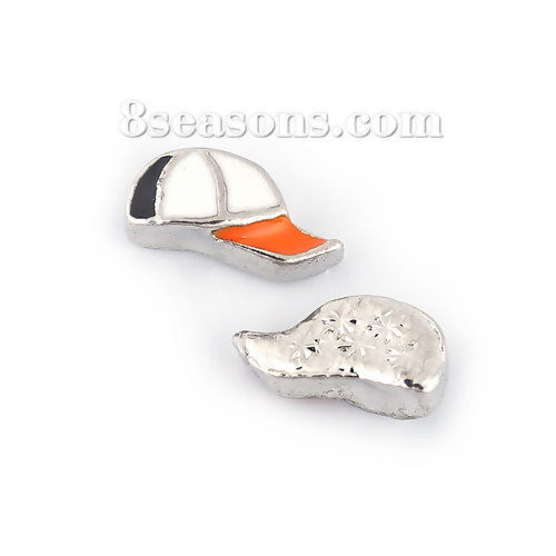 Picture of Zinc Based Alloy Floating Charms For Glass Locket Baseball Cap Silver Tone Christmas Snowflake Pattern Orange & White Enamel 9mm( 3/8") x 5mm( 2/8"), 5 PCs