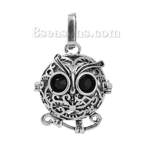 Picture of Brass Mexican Angel Caller Bola Harmony Ball Wish Box Pendants Halloween Owl Animal Antique Silver Color Filigree Black Rhinestone Can Open (Fit Bead Size: 18mm) 3.9cm x2.5cm(1 4/8" x1"), 1 Piece
