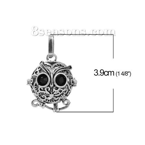 Picture of Brass Mexican Angel Caller Bola Harmony Ball Wish Box Pendants Halloween Owl Animal Antique Silver Color Filigree Black Rhinestone Can Open (Fit Bead Size: 18mm) 3.9cm x2.5cm(1 4/8" x1"), 1 Piece