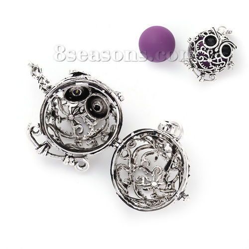 Picture of Brass Mexican Angel Caller Bola Harmony Ball Wish Box Pendants Halloween Owl Animal Antique Silver Color Filigree Black Rhinestone Can Open (Fit Bead Size: 18mm) 3.9cm x2.5cm(1 4/8" x1"), 1 Piece