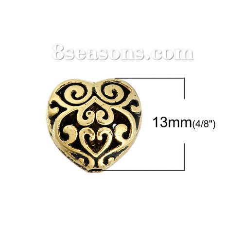 Immagine di Lega di Zinco Perline Cuore Oro Antico Filigrana Come 13mmx 13mm, 10 Pz