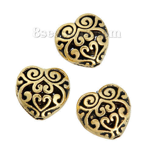 Immagine di Lega di Zinco Perline Cuore Oro Antico Filigrana Come 13mmx 13mm, 10 Pz