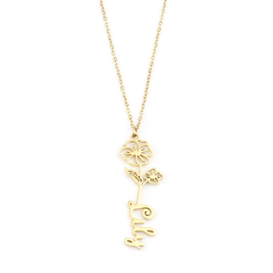 Image de 1 Pièce Collier Prénom Personnalisé Pendentif Breloque de Lettre Personnalisé Fleur de Mois de Naissance en Acier Inoxydable Doré