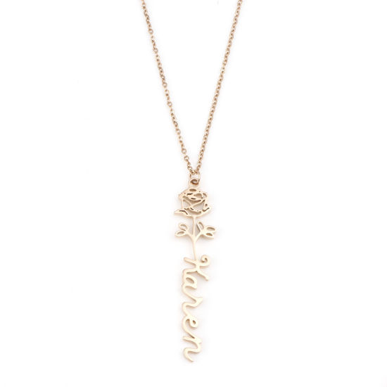 Image de 1 Pièce Collier Prénom Personnalisé Pendentif Breloque de Lettre Personnalisé Fleur de Mois de Naissance en Acier Inoxydable Or Rose