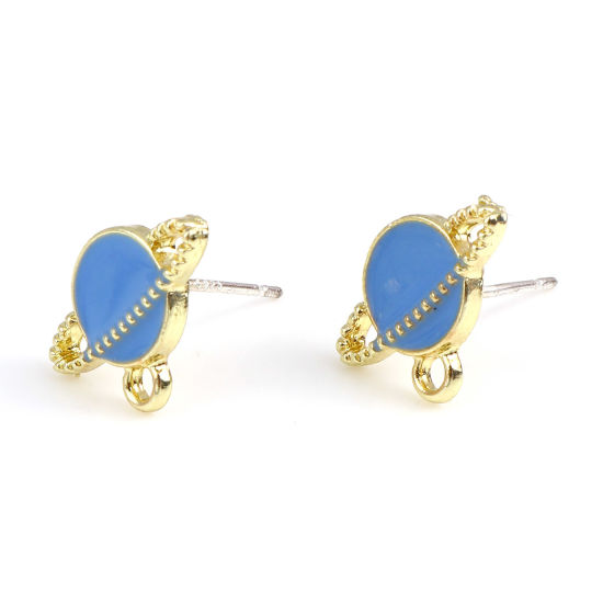 Bild von Zinklegierung Galaxis Ohrring Ohrstecker Zubehör Planet Vergoldet Blau M/Öse 14mm x 10mm, 10 Stück
