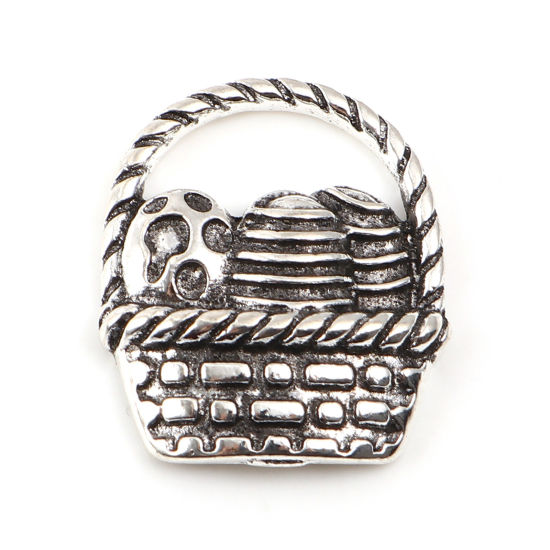 亜鉛合金 復活日 イースター チャーム バスケット 銀古美 パン彫刻 22mm x 19mm、 10 個 の画像