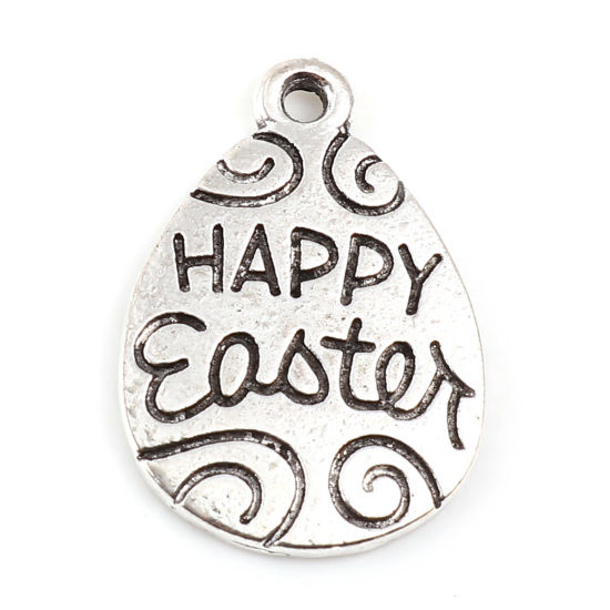 亜鉛合金 復活日 イースター チャーム 卵 銀古美 文字 " Happy Easter " 21mm x 15mm、 20 個 の画像