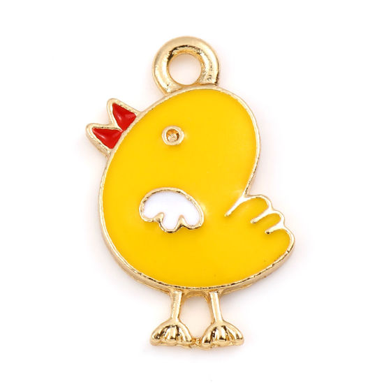 Bild von Zinklegierung Charms Huhn Vergoldet Dunkelgelb Emaille 20mm x 14mm, 10 Stück