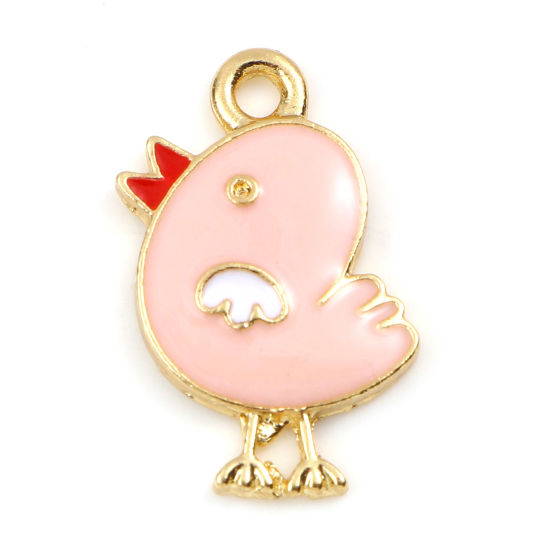 Bild von Zinklegierung Charms Huhn Vergoldet Rosa Emaille 20mm x 14mm, 10 Stück