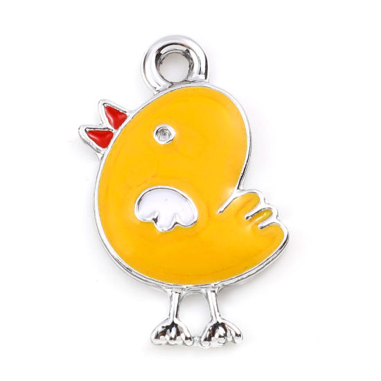 Bild von Zinklegierung Charms Huhn Silberfarbe Dunkelgelb Emaille 20mm x 14mm, 10 Stück