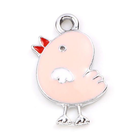 Bild von Zinklegierung Charms Huhn Silberfarbe Rosa Emaille 20mm x 14mm, 10 Stück