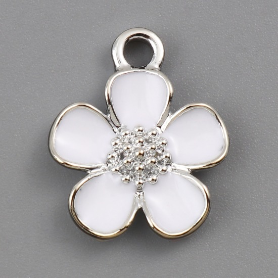 Immagine di 20 Pz Lega di Zinco Ciondoli Tono Argento Bianco Fiore Smalto 16mm x 13mm
