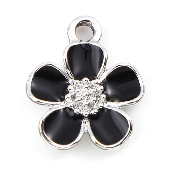 Immagine di 20 Pz Lega di Zinco Ciondoli Tono Argento Nero Fiore Smalto 16mm x 13mm