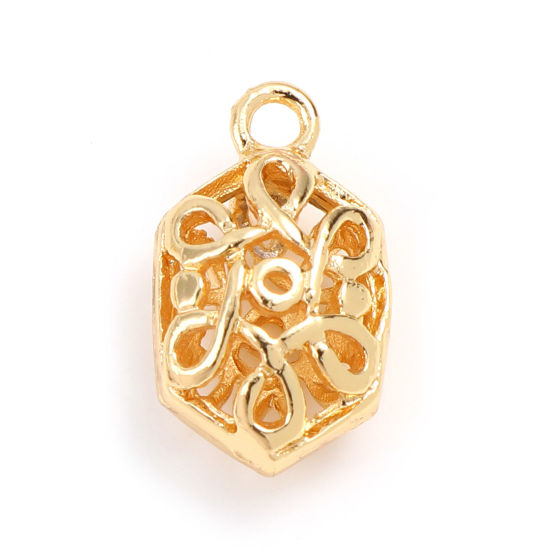 Immagine di Ottone Charms Esagono 18K Vero Oro Placcato Filigrana 16mm x 9mm, 2 Pz