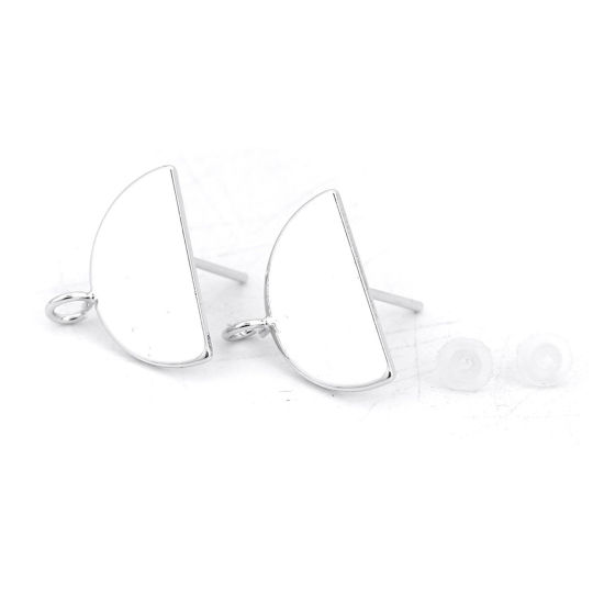 Picture of 2 PCs Brass Ear Post Stud Earrings Real Platinum Plated Half Round With Loop 16mm x 13mm, Post/ Wire Size: 0.8mm(20 gauge)