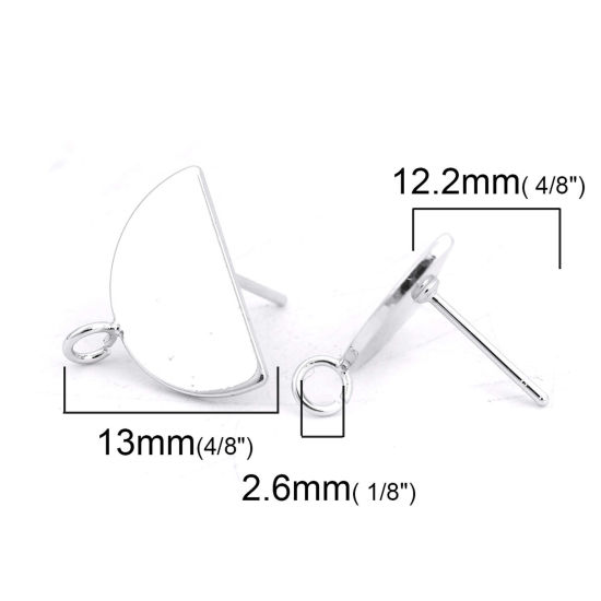 Picture of 2 PCs Brass Ear Post Stud Earrings Real Platinum Plated Half Round With Loop 16mm x 13mm, Post/ Wire Size: 0.8mm(20 gauge)