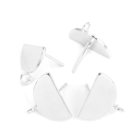 Picture of 2 PCs Brass Ear Post Stud Earrings Real Platinum Plated Half Round With Loop 16mm x 13mm, Post/ Wire Size: 0.8mm(20 gauge)