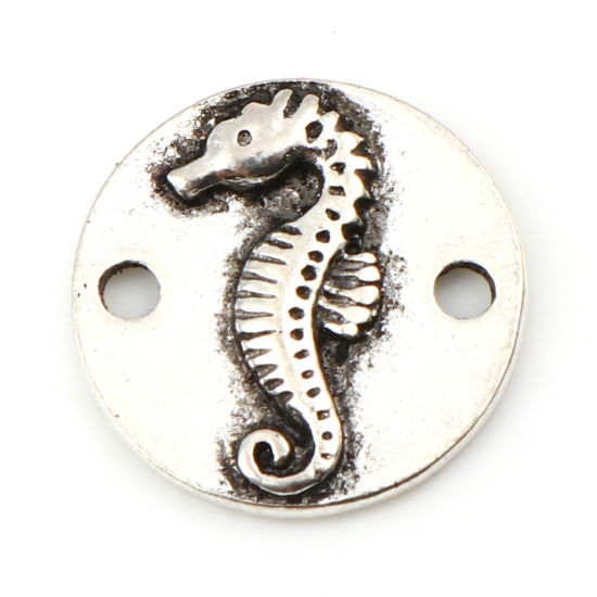 Image de Connecteurs Bijoux d'Océan en Alliage de Zinc Rond Argent Vieilli Cheval de Mer 15mm Dia, 20 Pcs