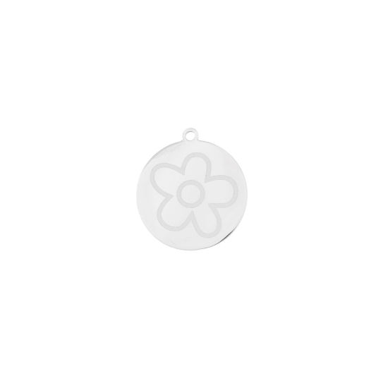 Image de Breloques en Acier Inoxydable Rond Argent Mat Fleurs 20mm x 18mm , 1 Pièce