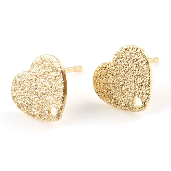 Picture of 4 PCs Brass Valentine's Day Ear Post Stud Earrings Real Gold Plated Heart With Loop 10mm x 9mm, Post/ Wire Size: 0.8mm(20 gauge)