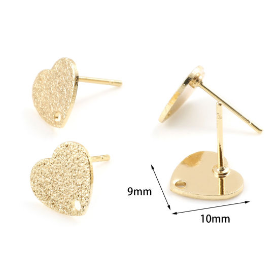 Picture of 4 PCs Brass Valentine's Day Ear Post Stud Earrings Real Gold Plated Heart With Loop 10mm x 9mm, Post/ Wire Size: 0.8mm(20 gauge)