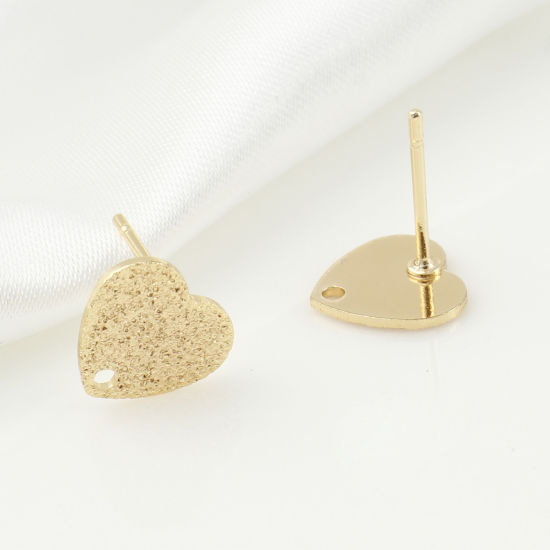 Picture of 4 PCs Brass Valentine's Day Ear Post Stud Earrings Real Gold Plated Heart With Loop 10mm x 9mm, Post/ Wire Size: 0.8mm(20 gauge)
