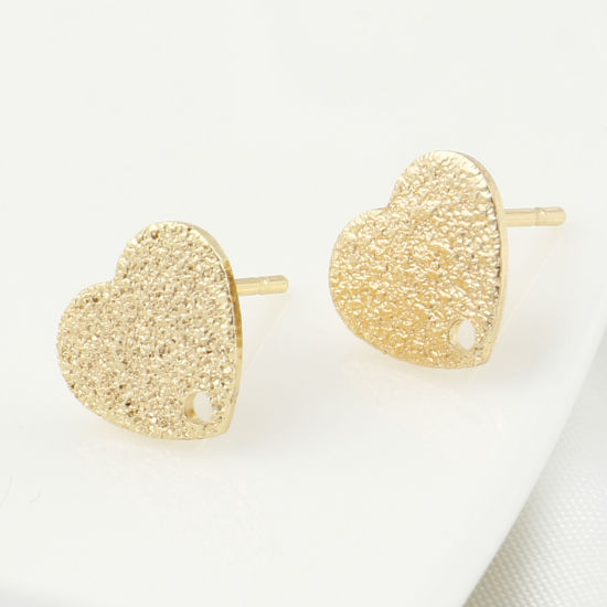 Picture of 4 PCs Brass Valentine's Day Ear Post Stud Earrings Real Gold Plated Heart With Loop 10mm x 9mm, Post/ Wire Size: 0.8mm(20 gauge)