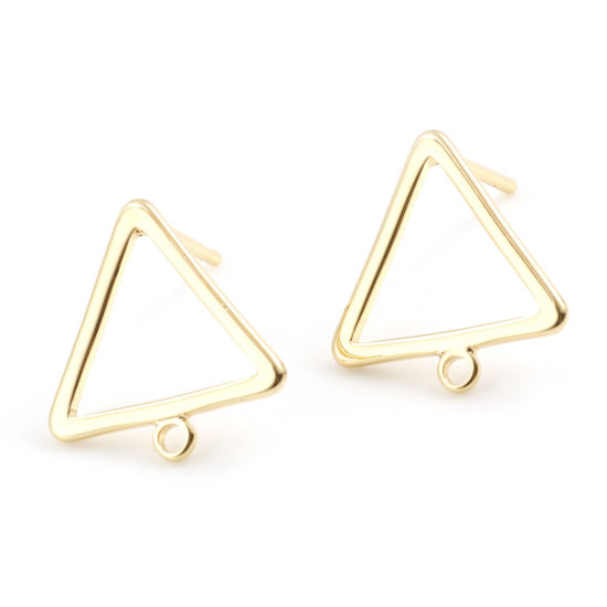 Picture of 4 PCs Brass Ear Post Stud Earrings Real Gold Plated Triangle With Loop 12.5mm x 12mm, Post/ Wire Size: 0.7mm(21 gauge)