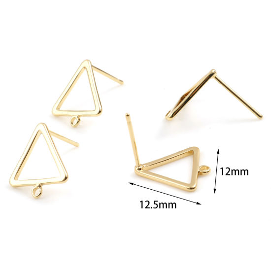 Picture of 4 PCs Brass Ear Post Stud Earrings Real Gold Plated Triangle With Loop 12.5mm x 12mm, Post/ Wire Size: 0.7mm(21 gauge)