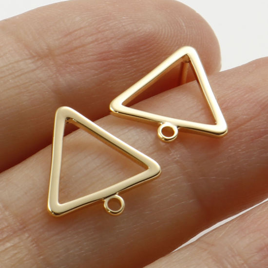 Picture of 4 PCs Brass Ear Post Stud Earrings Real Gold Plated Triangle With Loop 12.5mm x 12mm, Post/ Wire Size: 0.7mm(21 gauge)