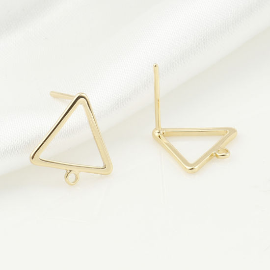 Picture of 4 PCs Brass Ear Post Stud Earrings Real Gold Plated Triangle With Loop 12.5mm x 12mm, Post/ Wire Size: 0.7mm(21 gauge)