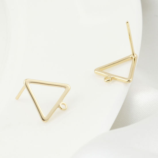 Picture of 4 PCs Brass Ear Post Stud Earrings Real Gold Plated Triangle With Loop 12.5mm x 12mm, Post/ Wire Size: 0.7mm(21 gauge)