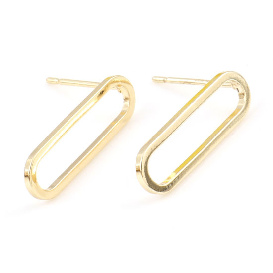 Picture of Brass Earring Accessories Real Gold Plated Oval Hollow 20mm x 6mm, Post/ Wire Size: (21 gauge), 4 PCs