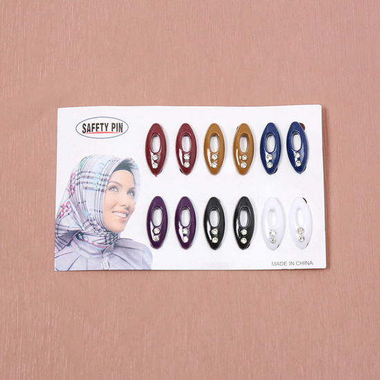 1 Dozen(12 PCs) Plastic Scarf Clip Buckle Marquise Mixed Color Clear Rhinestone Hollow 4cm x 2cm の画像