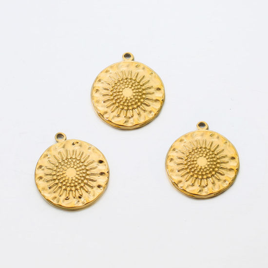 Bild von 304 Edelstahl Guss Charms Rund Vergoldet Sonnenblume 16mm x 14mm, 1 Stück