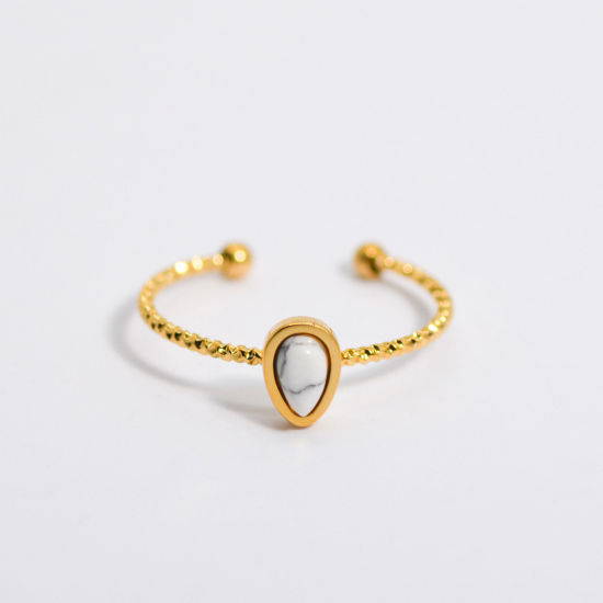 Image de Bagues Ouvert en Acier Inoxydable & Gemme Plaqué Or Réel 14K Blanc Goutte d'Eau 18mm (Taille d'US 7.75) , 1 Pièce